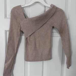 ❗️SALE❗️Ribbed Asymmetric Off-Shoulder Sweater - Taupe